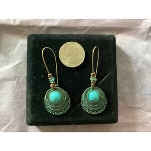 4095 NIP Vintage Boho Style Dangle Drop Earrings Brass Patina Turquoise Fashion